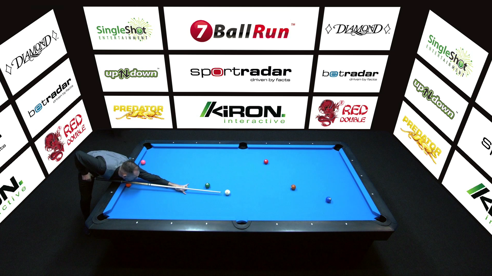 7BallRun arena with sponsor wall and pool table